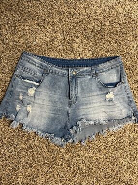 Light Wash Distressed Denim Shorts - Blue